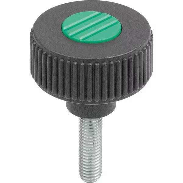 Knurled Knob Size:2, D1=50 D=M08X15, , Form:L, Plastic Black, Comp:Stainless, Cap:Green Ral6032, Kipp, Mfr#: K0261.52082X15